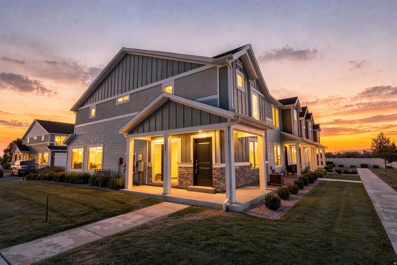 Modern multi-unit residence with a covered entry, stone facade accents, and board and batten siding
